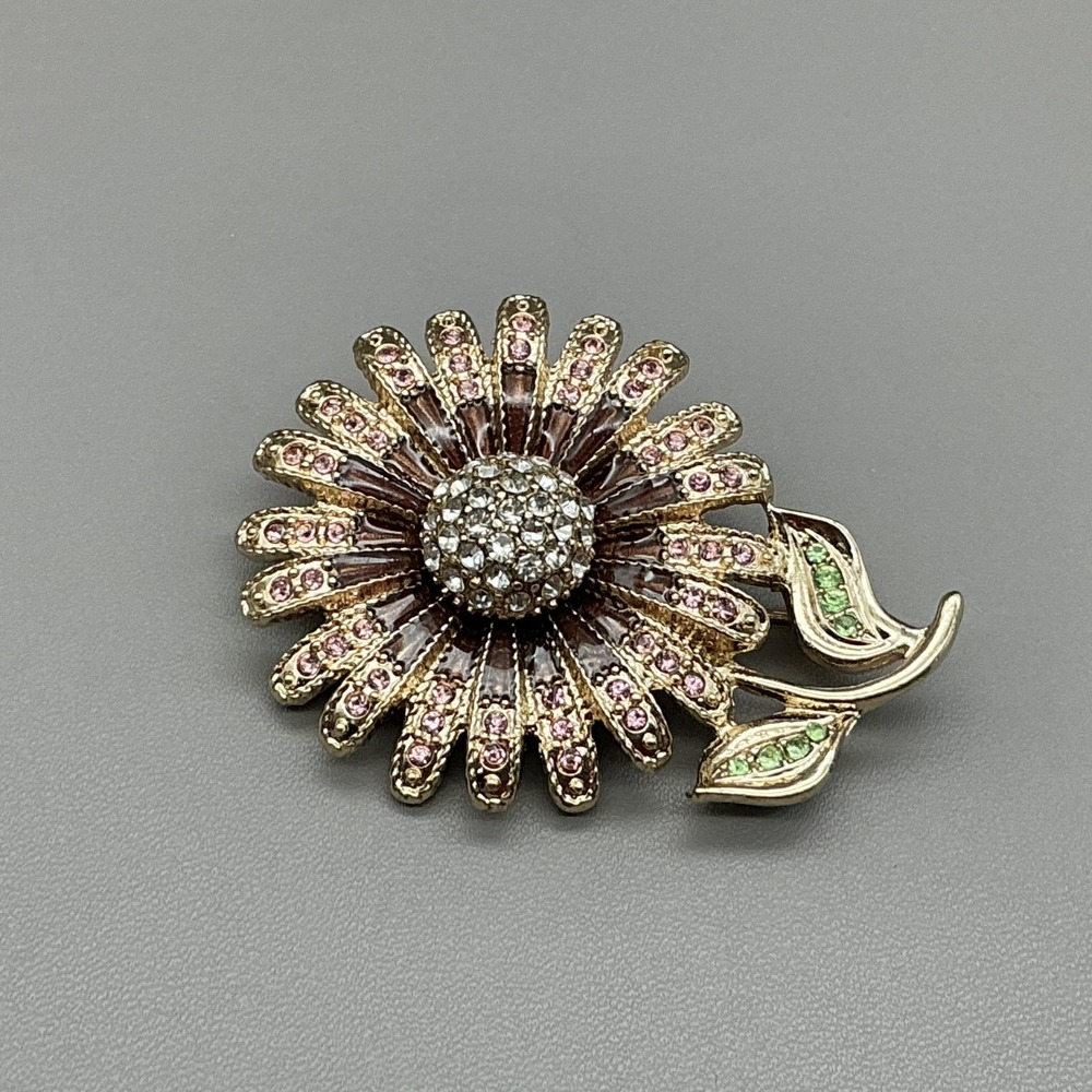 Napier Pink Daisy Flower Brooch Pin Gold Tone Enamel Rhinestone Costume Jewelry